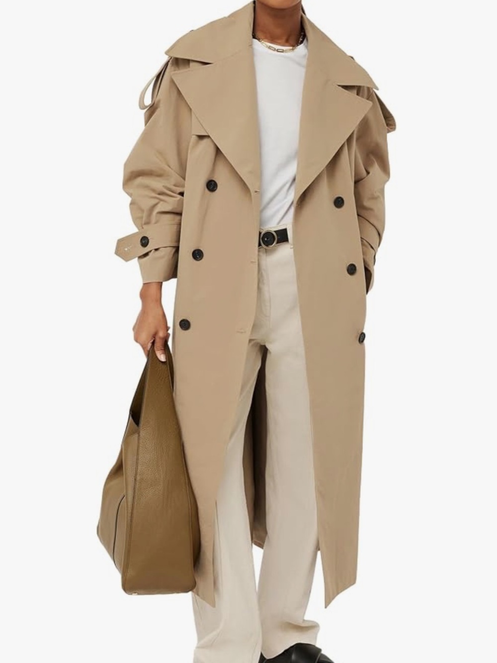 Classic Beige Trench Coat with Black Layering - Picture 2 of 6